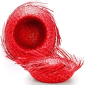 Tropikal Parti Kırmızı Hasır Hawaii Şapkası thumbnail 3