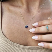 Gümüş Kolye - Ala Lacivert Lazer Mineli Nazar Boncuğu Göz Tasarım Taşsız Modern 925 Ayar Gümüş Kolye - 1