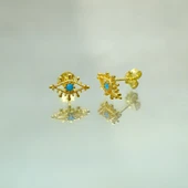 Gümüş Küpe - Kadın Minimal Firuze (Turkuaz) Taşlı Göz Tasarım 925 Ayar Gümüş Küpe - 4