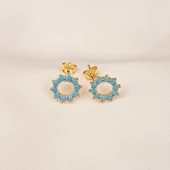 Gümüş Küpe - 925 Ayar Gümüş Yuvarlak Firuze (Turkuaz) Taşlı Küpe - 5