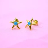 Gümüş Küpe - Kadın Yuvarlak Firuze (Turkuaz) Taşlı Deniz Yıldızı 925 Ayar Gümüş Küpe - 1