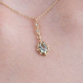 Gümüş Kolye - Vintage Tasarım Sallantılı Oval Su Yeşili Taşlı Zirkon Taşlı 925 Ayar Gümüş Kolye - 2