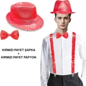 Kırmızı Payetli Şapka ve Papyon Seti – Parıltılı Yetişkin Kostüm Seti thumbnail 1