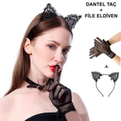 Siyah Kedi Dantel Taç + Eldiven Seti – Parti, Dans ve Kostüm Kombini thumbnail 1