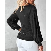 Lucky Life Kadın Uzun Kollu Degaje Yaka Taşlı Sandy Bluz - 1