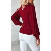 Lucky Life Kadın Uzun Kollu Degaje Yaka Taşlı Sandy Bluz - 7