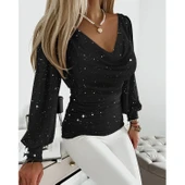 Lucky Life Kadın Uzun Kollu Degaje Yaka Taşlı Sandy Bluz - 2