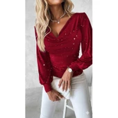 Lucky Life Kadın Uzun Kollu Degaje Yaka Taşlı Sandy Bluz - 5