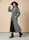 Balıksırtı/Chevron Desenli Yün Palto Kuşak Bağlama Detaylı Uzun Kaban Gri Kışlık thumbnail 2