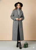 Balıksırtı/Chevron Desenli Yün Palto Kuşak Bağlama Detaylı Uzun Kaban Gri Kışlık thumbnail 3