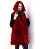 MDB Kapşonlu Peluş Kürk Yelek Premium Kalite, Tam Astarlı, Uzun odel  Kırmızı thumbnail 1