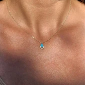 Altın Kolye - 0.50 CT Turkuaz (Firuze) 0.25 Pırlanta Damla Ay 14 Ayar Kolye- Doğal Taşlı Altın Kolye thumbnail 2