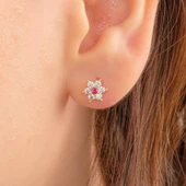 Altın Küpe - 14 Ayar Altın Ruby Taşlı Çiçek Desenli Küpe - 1