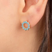 Altın Küpe - 14 Ayar Altın Yuvarlak Firuze (Turkuaz) Taşlı Küpe - 2