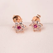 Altın Küpe - 14 Ayar Altın Ruby Taşlı Çiçek Desenli Küpe - 7