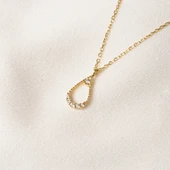 Altın Kolye - İçi Boş 0.30 CT Pırlanta(Signty)Taşlı Damla Figürlü Tasarım Modern 14 Ayar Altın Kolye - 2