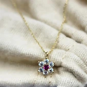 Altın Kolye - Ortası Yakut Taşlı Çiçek 14 Ayar Altın Kolye - 9