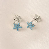 Altın Küpe - 14 Ayar Altın Firuze (Turkuaz) Taşlı Minimal Yıldız Küpe - 7