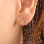 Altın Küpe - 14 Ayar Altın Oval Taşlı Tasarım Küpe - 3