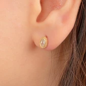 Altın Küpe - 14 Ayar Altın Oval Taşlı Tasarım Küpe - 1