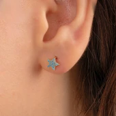 Altın Küpe - 14 Ayar Altın Firuze (Turkuaz) Taşlı Minimal Yıldız Küpe - 2