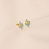 Altın Küpe - 14 Ayar Altın Minimal Kaktüs Modelli Firuze (Turkuaz) Taşlı Küpe - 4