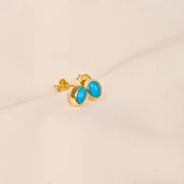 Altın Küpe - 14 Ayar Altın Firuze (Turkuaz) Taşlı Oval Küpe - 4