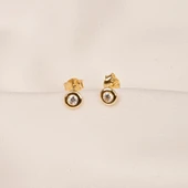 Altın Küpe - 14 Ayar Altın Minimal Yuvarlak Taşlı Küpe - 6