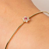 Altın Bilezik - Yakut Taşlı Çiçek Tasarım Zarif 14 Ayar Altın Bilezik - 2