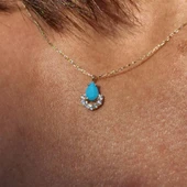 Altın Kolye - 0.50 CT Turkuaz (Firuze) 0.25 Pırlanta Damla Ay 14 Ayar Kolye- Doğal Taşlı Altın Kolye thumbnail 4