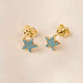 Altın Küpe - 14 Ayar Altın Firuze (Turkuaz) Taşlı Minimal Yıldız Küpe - 6