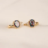 Altın Küpe - 14 Ayar Altın Oval Mistik Topaz Taşlı Tektaş Küpe - 4