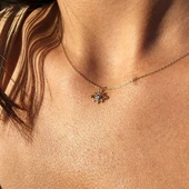 Altın Kolye - Kirpik Nazar Boncuğu Lacivert Mineli Tasarım Modern 14 Ayar Altın Koly e- Altın Kolye - 3