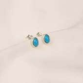 Altın Küpe - 14 Ayar Altın Firuze (Turkuaz) Taşlı Oval Küpe - 8