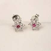 Altın Küpe - 14 Ayar Altın Ruby Taşlı Çiçek Desenli Küpe - 8