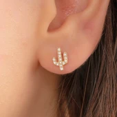 Altın Küpe - 14 Ayar Altın Minimal Taşlı Kaktüs Figürlü Küpe - 1