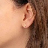Altın Küpe - 14 Ayar Altın Minimal Taşlı Kaktüs Figürlü Küpe - 4