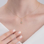 Altın Kolye - Vintage Tasarım Sallantılı Oval Su Yeşili Taşlı Zirkon Taşlı 14 Ayar Altın Kolye - 5