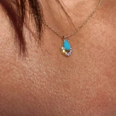 Altın Kolye - 0.50 CT Turkuaz (Firuze) 0.25 Pırlanta Damla Ay 14 Ayar Kolye- Doğal Taşlı Altın Kolye thumbnail 5