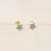 Altın Küpe - 14 Ayar Altın Firuze (Turkuaz) Taşlı Minimal Yıldız Küpe - 4