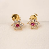 Altın Küpe - 14 Ayar Altın Ruby Taşlı Çiçek Desenli Küpe - 6