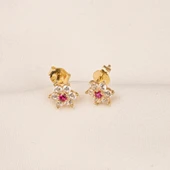 Altın Küpe - 14 Ayar Altın Ruby Taşlı Çiçek Desenli Küpe - 4