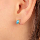 Altın Küpe - 14 Ayar Altın Firuze (Turkuaz) Taşlı Oval Küpe - 1