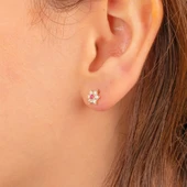 Altın Küpe - 14 Ayar Altın Ruby Taşlı Çiçek Desenli Küpe - 3