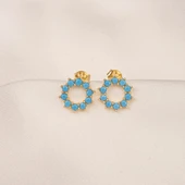 Altın Küpe - 14 Ayar Altın Yuvarlak Firuze (Turkuaz) Taşlı Küpe - 6