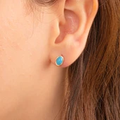 Altın Küpe - 14 Ayar Altın Firuze (Turkuaz) Taşlı Oval Küpe - 2