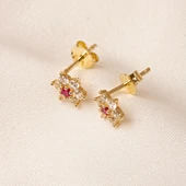 Altın Küpe - 14 Ayar Altın Ruby Taşlı Çiçek Desenli Küpe - 5