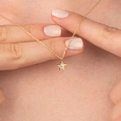 Altın Kolye - Zirkon Taşlı Yıldız Desenli 14 Ayar Altın Kolye - 6