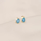 Altın Küpe - 14 Ayar Altın Damla Modelli Firuze (Turkuaz) Taşlı Küpe - 4