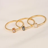 Tektaş Altın Yüzük - 14 Ayar Altın Oval Taşlı Minimal Tek Taş Altın Yüzük - Eşe, Sevgiliye Yüzük - 12